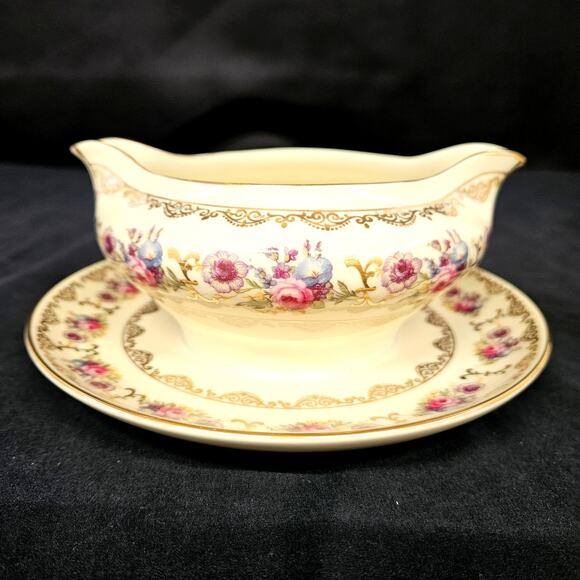 Vintage H&C Selb Bavaria Gravy Boat Dish Bowl Attached Plate Floral Gold Trim - Picture 1 of 9